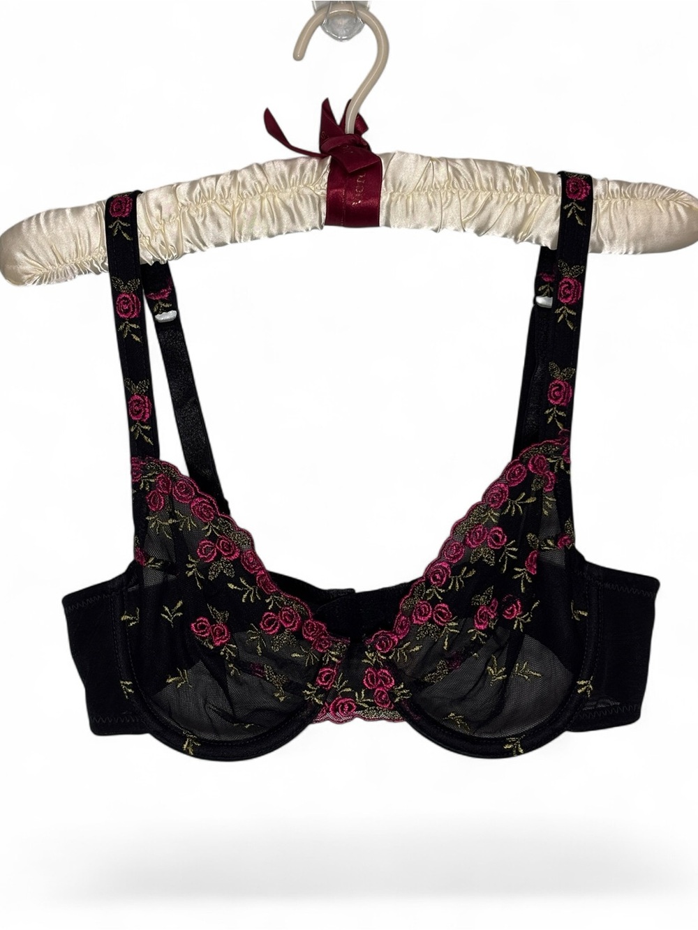 Vintage Y2K Victoria's Secret‎ Black Floral Embroidered Mesh Bra 34B Unlined - Picture 2 of 5